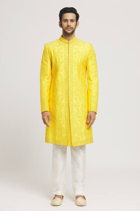 Arihant Rai Sinha Yellow Silk, Acrylic Sequins Floral Dori Embroidered Sherwani Set at Aza Fashions Arihant Rai Sinha_Yellow Silk, Acrylic Sequins Floral Dori Embroidered Sherwani Set _at_Aza_Fashions