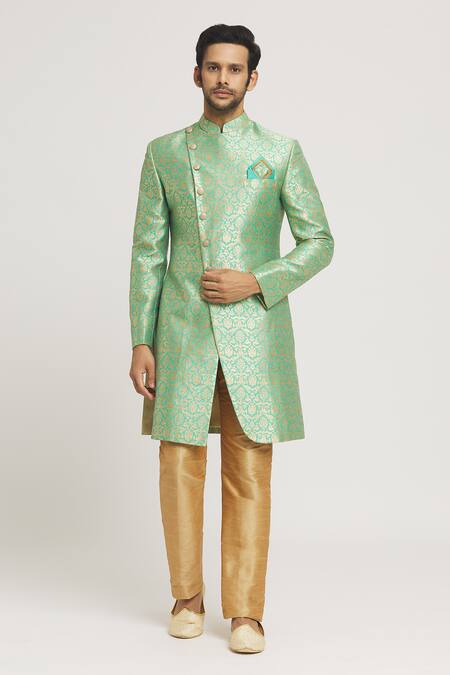 Buy Arihant Rai Sinha Green Brocade, Silk Zari Floral Woven Sherwani Set Online at Aza Fashions Buy_Arihant Rai Sinha_Green Brocade, Silk Zari Floral Woven Sherwani Set_Online_at_Aza_Fashions