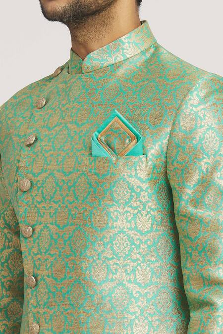 Shop Arihant Rai Sinha Green Brocade, Silk Zari Floral Woven Sherwani Set Online at Aza Fashions Shop_Arihant Rai Sinha_Green Brocade, Silk Zari Floral Woven Sherwani Set_Online_at_Aza_Fashions