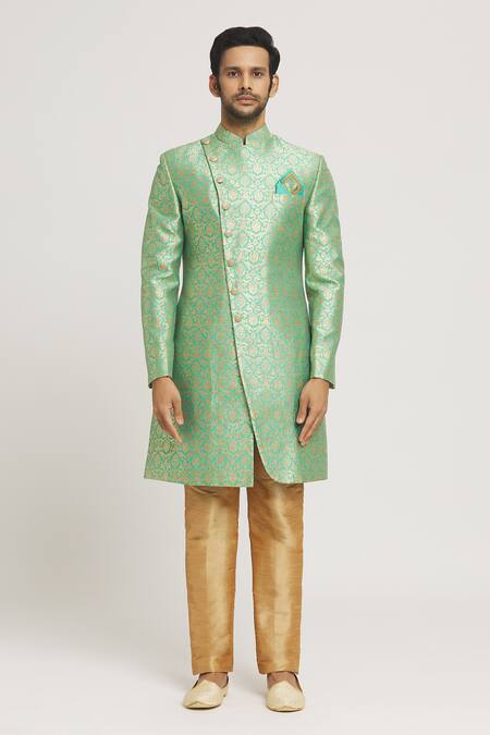 Arihant Rai Sinha Green Brocade, Silk Zari Floral Woven Sherwani Set at Aza Fashions Arihant Rai Sinha_Green Brocade, Silk Zari Floral Woven Sherwani Set_at_Aza_Fashions