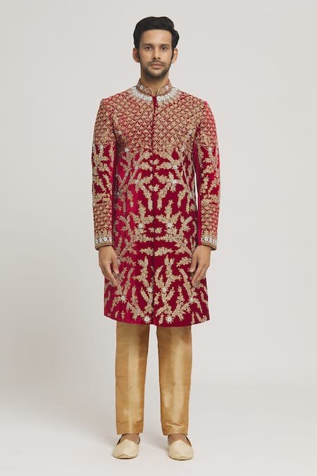Arihant Rai Sinha_Maroon Velvet, Silk Zari Zardozi Embroidered Sherwani Set _Online_at_Aza_Fashions