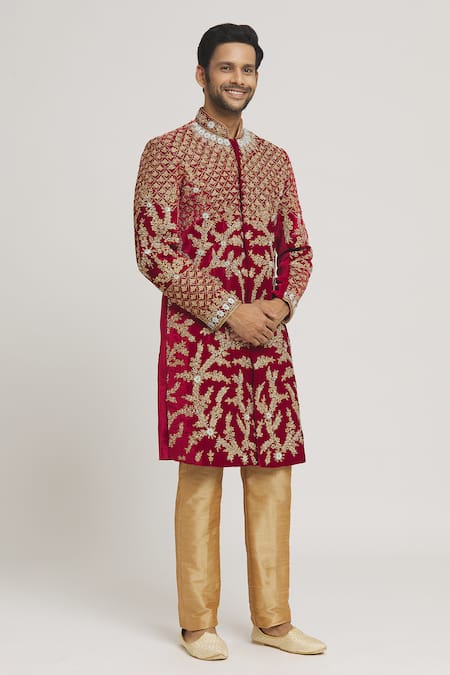 Buy_Arihant Rai Sinha_Maroon Velvet, Silk Zari Zardozi Embroidered Sherwani Set _Online_at_Aza_Fashions