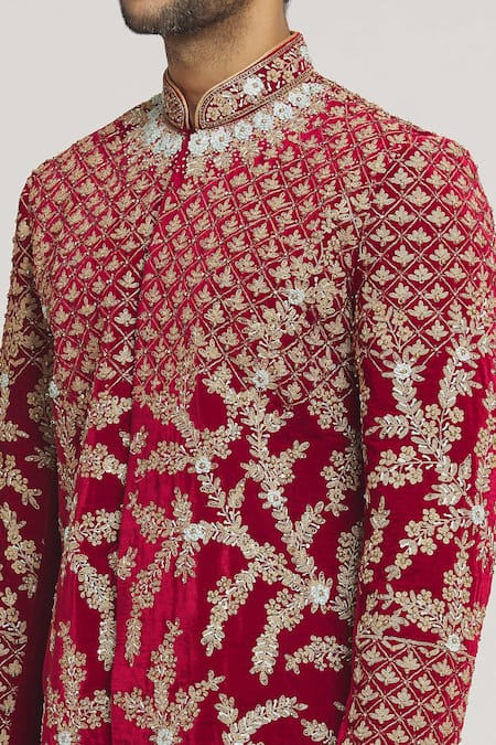 Shop_Arihant Rai Sinha_Maroon Velvet, Silk Zari Zardozi Embroidered Sherwani Set _Online_at_Aza_Fashions