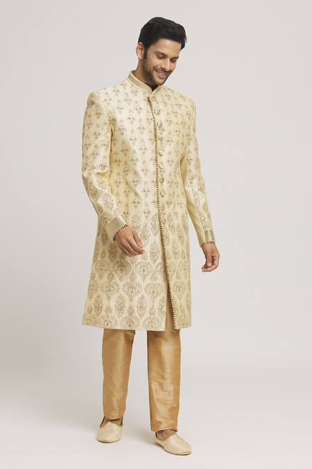 Buy_Arihant Rai Sinha_Gold Silk Beads Embroidered Sherwani And Pant Set_Online_at_Aza_Fashions