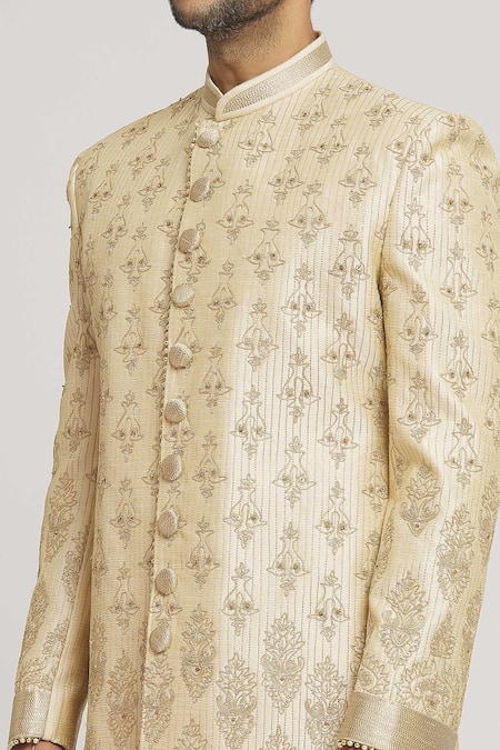 Shop_Arihant Rai Sinha_Gold Silk Beads Embroidered Sherwani And Pant Set_Online_at_Aza_Fashions