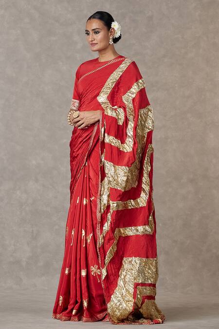 Masaba_Maroon Crepe Print Vintage Fiona Gota Saree_Online_at_Aza_Fashions