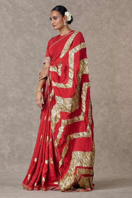 Buy_Masaba_Maroon Crepe Print Vintage Fiona Gota Saree_Online_at_Aza_Fashions