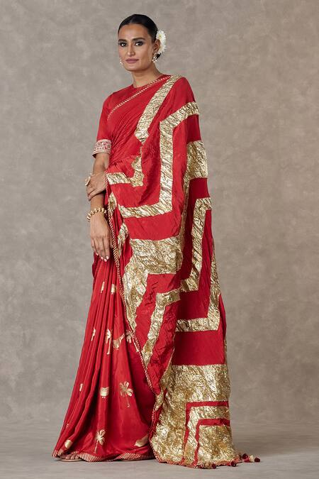 Shop_Masaba_Maroon Crepe Print Vintage Fiona Gota Saree_Online_at_Aza_Fashions