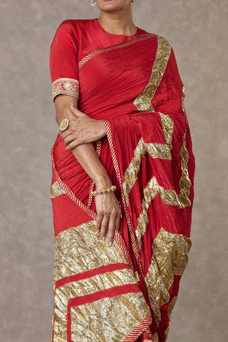 Masaba_Maroon Crepe Print Vintage Fiona Gota Saree_at_Aza_Fashions