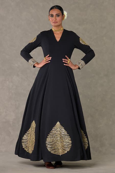 Masaba Black Scuba Georgette Embellished Kashmiri Leaf Motif V Neck Gown 