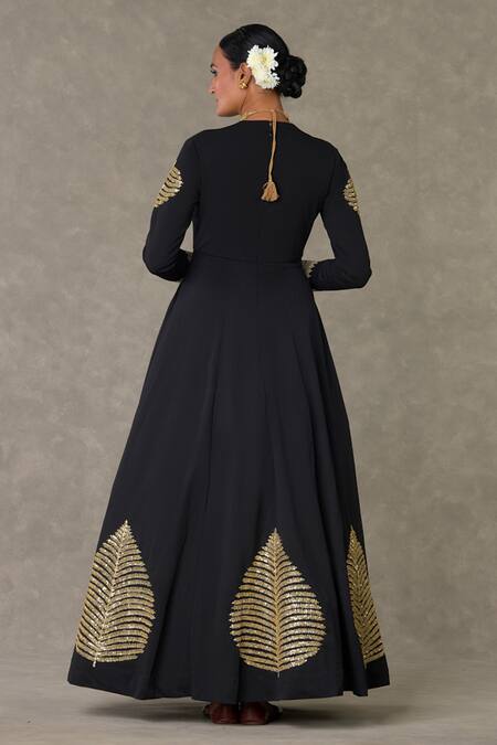 Shop_Masaba_Black Scuba Georgette Embellished Kashmiri Leaf Motif V Neck Gown_at_Aza_Fashions