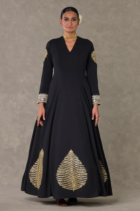 Shop_Masaba_Black Scuba Georgette Embellished Kashmiri Leaf Motif V Neck Gown_Online_at_Aza_Fashions