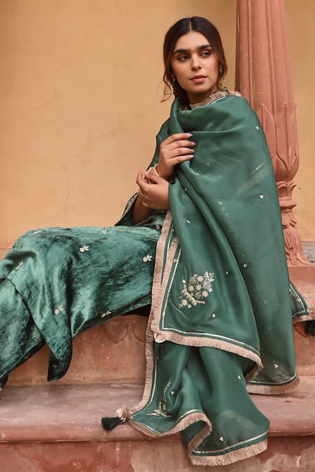 Karaj Jaipur_Green Velvet, Organza Embroidery Round Neck Bullian Leaf Aari Set _at_Aza_Fashions
