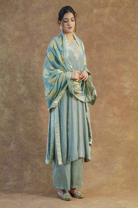 Buy_Farha Syed_Grey , Satin, Georgette Embroidery Round Neck Kurta Palazzo Set _Online_at_Aza_Fashions