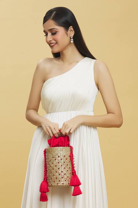 Anshu Goyal_Red Diamonds Basket Woven Straw Bucket Bag_Online_at_Aza_Fashions