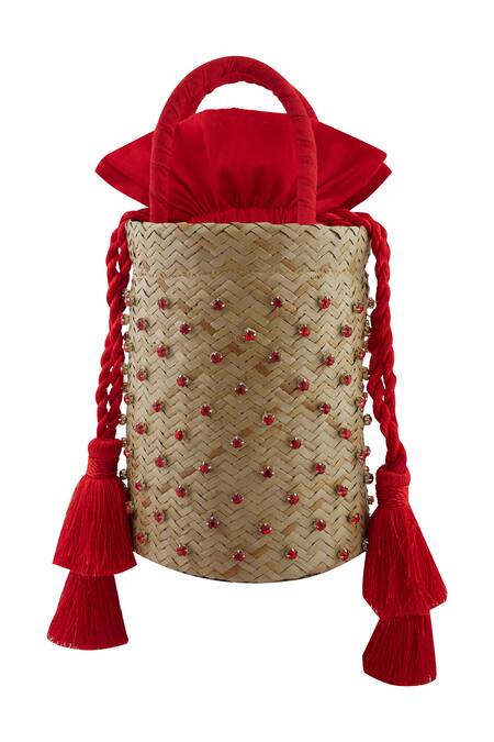 Shop_Anshu Goyal_Red Diamonds Basket Woven Straw Bucket Bag_Online_at_Aza_Fashions