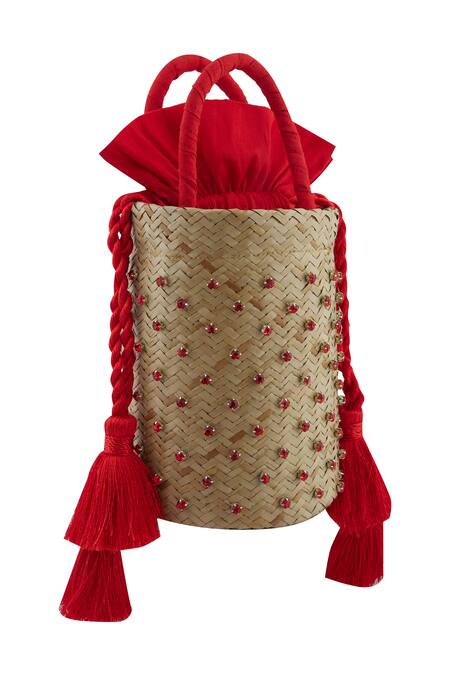 Anshu Goyal_Red Diamonds Basket Woven Straw Bucket Bag_at_Aza_Fashions