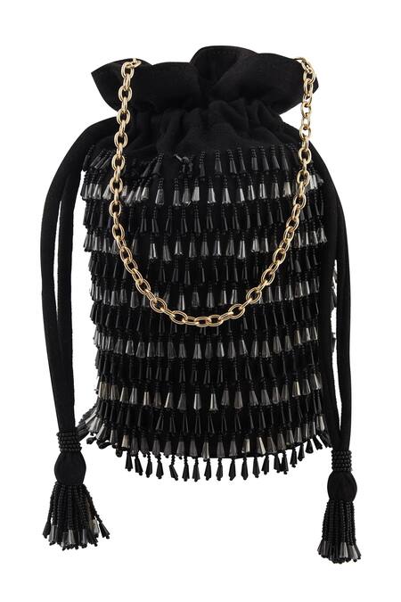 Shop Anshu Goyal Black Crystals, Tassels Hand Embroidered Bag at Aza Fashions Shop_Anshu Goyal_Black Crystals, Tassels Hand Embroidered Bag_at_Aza_Fashions