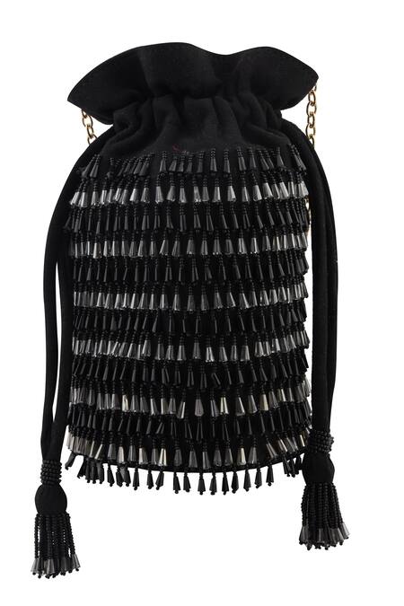 Anshu Goyal Black Crystals, Tassels Hand Embroidered Bag at Aza Fashions Anshu Goyal_Black Crystals, Tassels Hand Embroidered Bag_at_Aza_Fashions