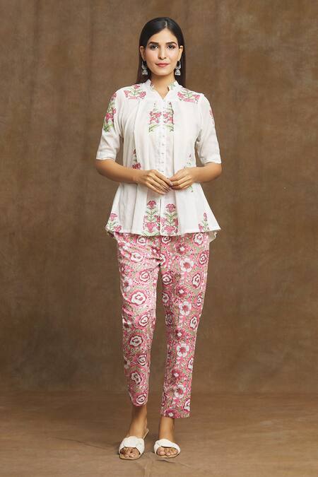 Buy Pink Pure Mulmul Cotton Print Petunia Bloom Mandarin Top With Pant For  Women by Naintara Bajaj Online at Aza Fashions.