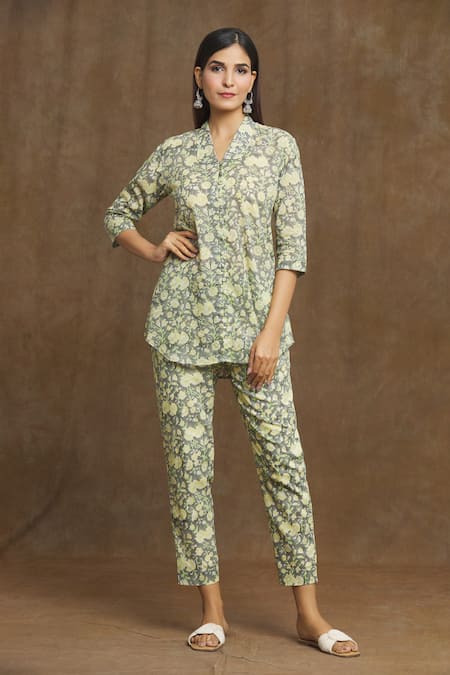 Buy Off White Yellow Hand Block Printed Cotton Top with Pants- Set