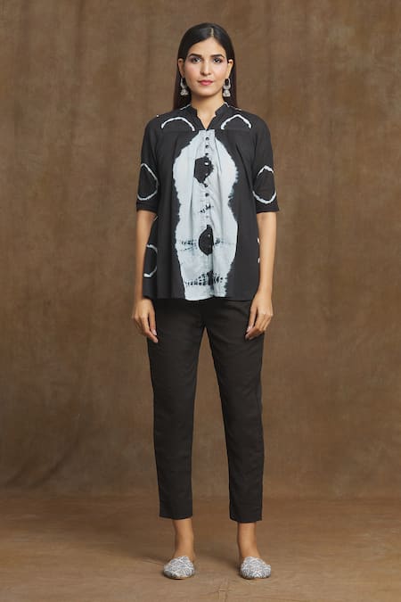 Naintara Bajaj_Black Cotton Mandarin Collar Cosmic Tie-dye Top And Pant Set_Online_at_Aza_Fashions