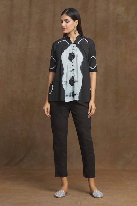 Buy_Naintara Bajaj_Black Cotton Mandarin Collar Cosmic Tie-dye Top And Pant Set_Online_at_Aza_Fashions