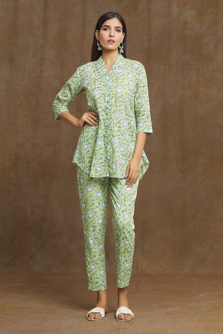 Buy Green Pure Mulmul Cotton Print Bloom Hand Block Top With Pant For Women  by Naintara Bajaj Online at Aza Fashions.