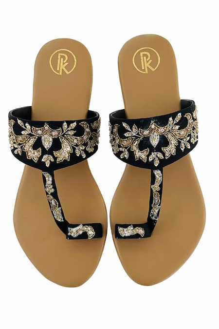 PREET KAUR Black Floral Sunehri Embroidered Kolhapuri Flats 