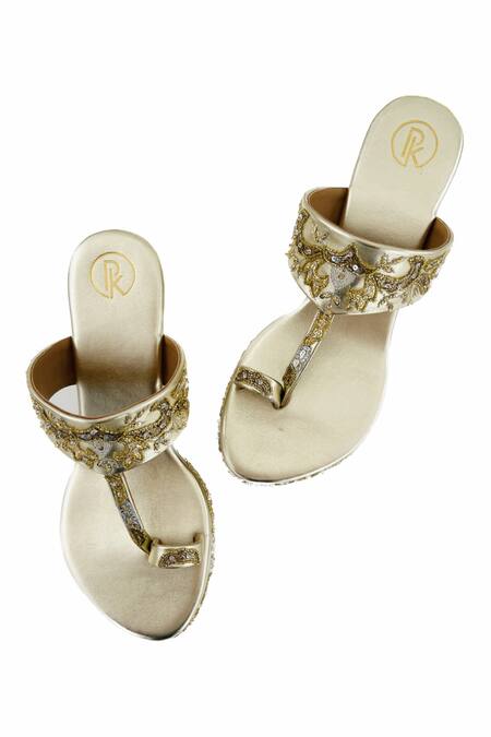 Buy_Preet Kaur_Gold Embroidery Noor Wedges _Online_at_Aza_Fashions