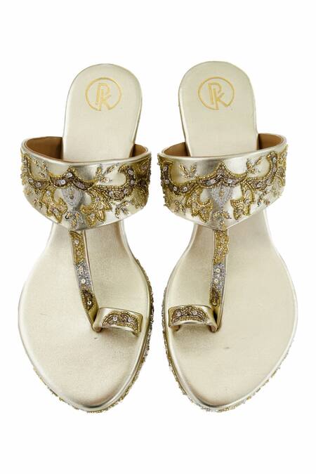Shop_Preet Kaur_Gold Embroidery Noor Wedges _Online_at_Aza_Fashions