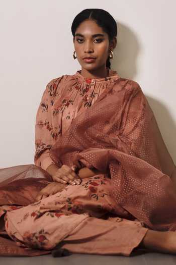Buy_Dot_Orange Cotton Embroidery Bandeau Neck Floral Print Gathered Kurta With Pant _Online_at_Aza_Fashions