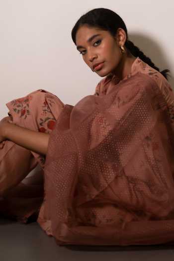 Dot_Orange Cotton Embroidery Bandeau Neck Floral Print Gathered Kurta With Pant _at_Aza_Fashions