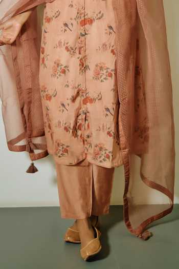 Buy_Dot_Orange Cotton Embroidery Bandeau Neck Floral Print Gathered Kurta With Pant 