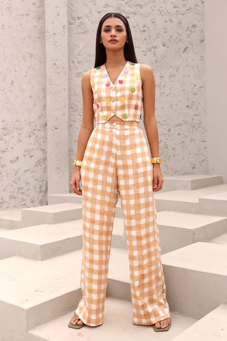 Aapro_Beige Cotton Beads, Embroidery V-neck Checkered Waistcoat And Pant Set _Online_at_Aza_Fashions