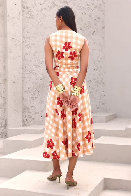 Shop_Aapro_Beige Cotton V-neck Checkered Waistcoat And Skirt Set _at_Aza_Fashions