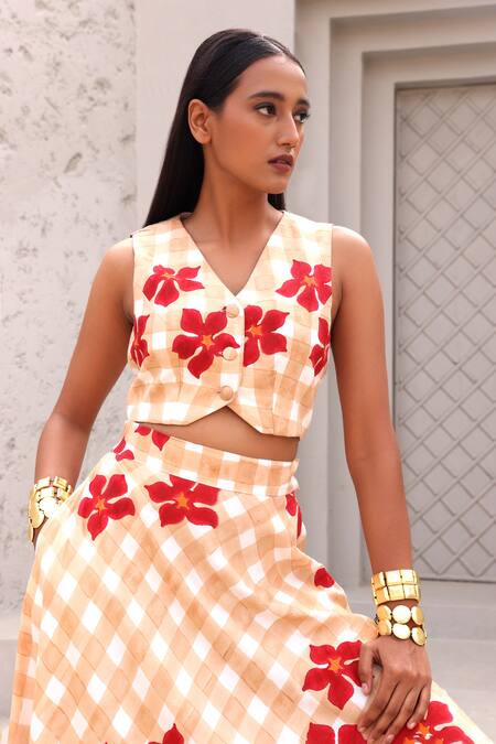 Shop_Aapro_Beige Cotton V-neck Checkered Waistcoat And Skirt Set _Online_at_Aza_Fashions