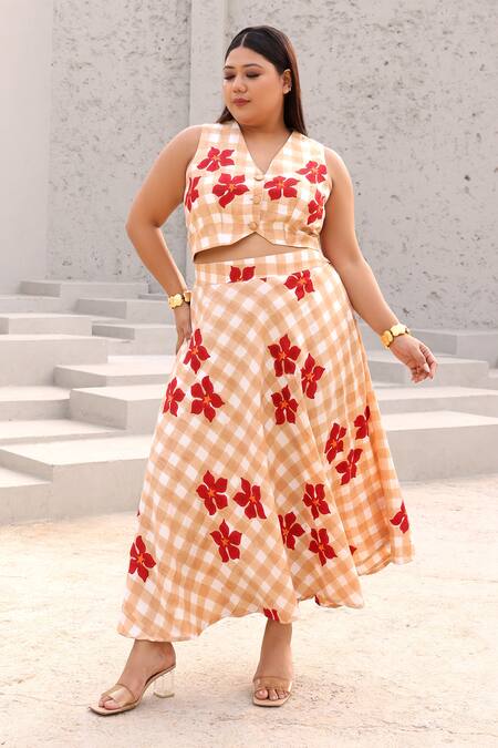Aapro Beige Cotton V-neck Checkered Waistcoat And Skirt Set at Aza Fashions Aapro_Beige Cotton V-neck Checkered Waistcoat And Skirt Set _at_Aza_Fashions