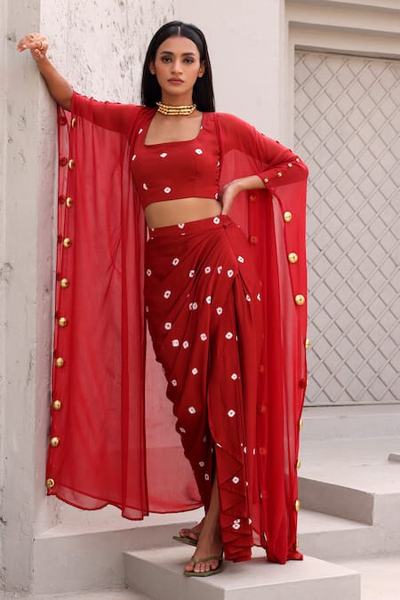 Aapro Red Soft Modal Satin Woven Bandhani Kaftan Border Embellished Draped Skirt Set 