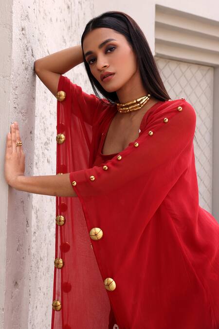 Aapro_Red Georgette, Modal Embroidery, Border Embellished Kaftan Draped Skirt Set_at_Aza_Fashions