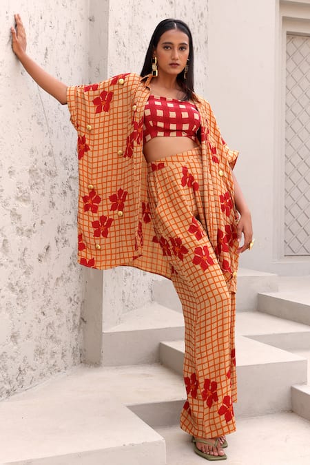 Shop_Aapro_Orange Crepe Zari, Embroidery Collared Phoenix Hand Block Printed Shirt Pant Set _at_Aza_Fashions