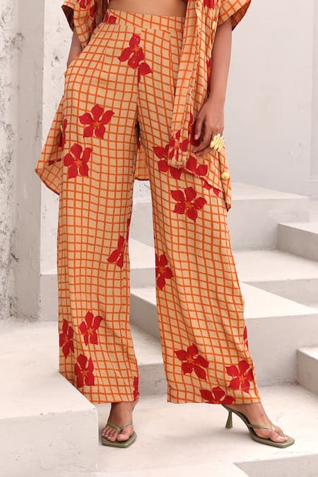 Buy Aapro Orange Crepe Zari, Embroidery Collared Phoenix Hand Block Printed Shirt Pant Set Online at Aza Fashions Buy_Aapro_Orange Crepe Zari, Embroidery Collared Phoenix Hand Block Printed Shirt Pant Set _Online_at_Aza_Fashions