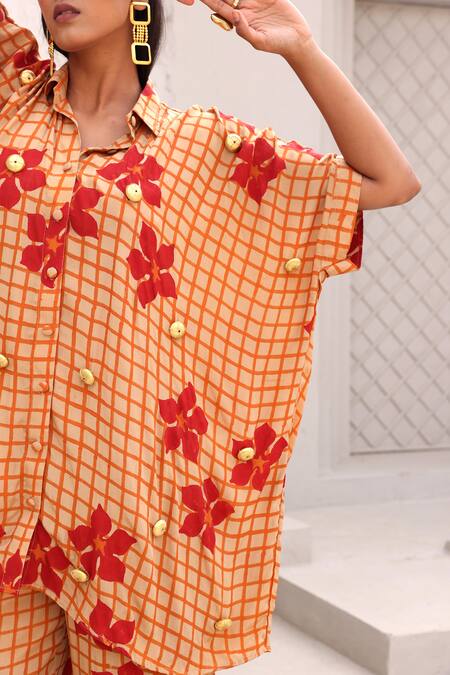 Shop_Aapro_Orange Crepe Beads Collared Bianca Hand Block Printed Shirt And Pant Set _Online_at_Aza_Fashions