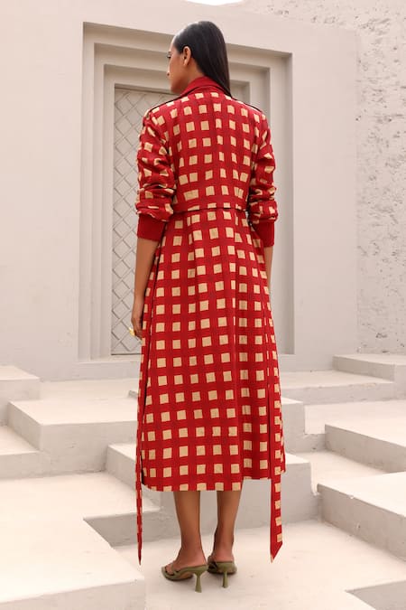 Shop_Aapro_Red Embroidery Collared Checkered Print Dress And Convertible Trench Coat _at_Aza_Fashions