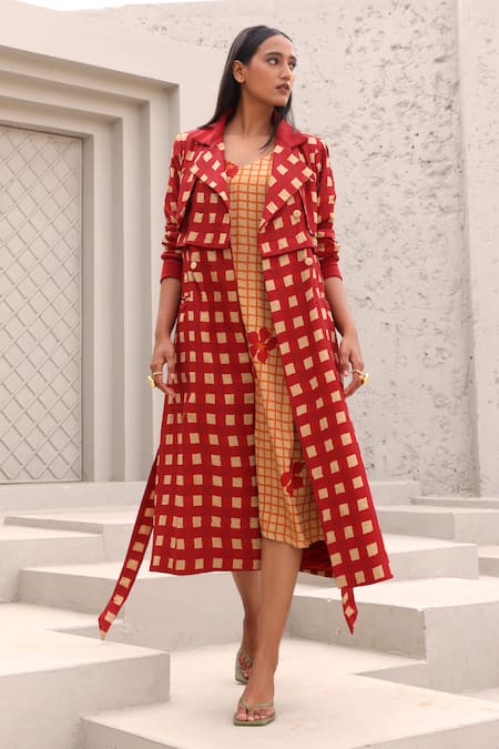 Aapro_Red Embroidery Collared Checkered Print Dress And Convertible Trench Coat _Online_at_Aza_Fashions