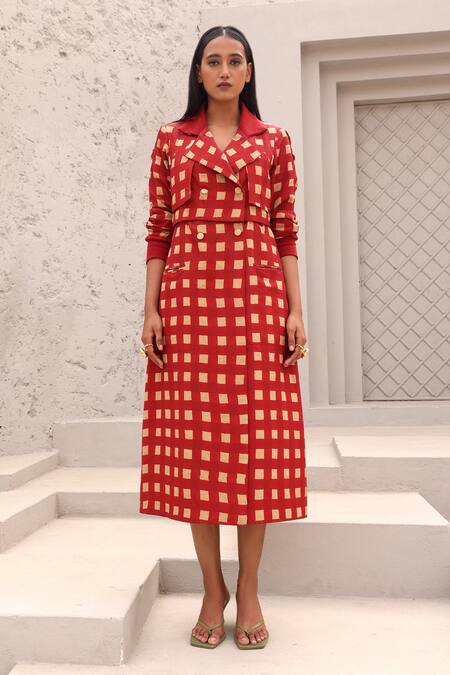 Shop_Aapro_Red Embroidery Collared Checkered Print Dress And Convertible Trench Coat _Online_at_Aza_Fashions
