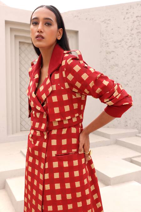 Aapro_Red Embroidery Collared Checkered Print Dress And Convertible Trench Coat _at_Aza_Fashions