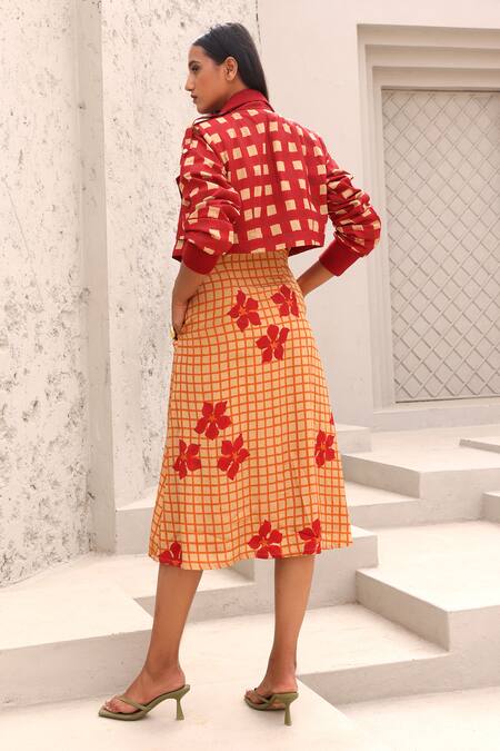 Shop_Aapro_Red Embroidery Collared Checkered Print Dress And Convertible Trench Coat 
