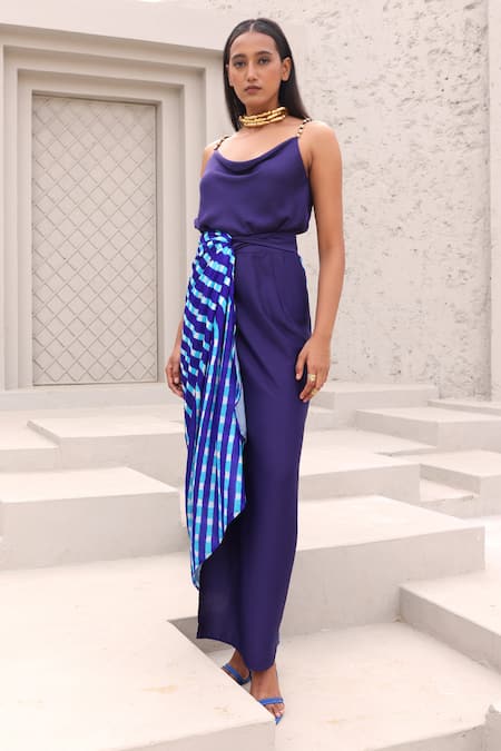 Buy_Aapro_Blue Modal, Cotton Satin Cowl Neck Lea Checkered Print Wrap Dress _Online_at_Aza_Fashions