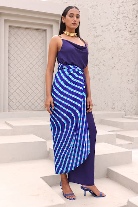 Shop_Aapro_Blue Modal, Cotton Satin Cowl Neck Lea Checkered Print Wrap Dress _Online_at_Aza_Fashions